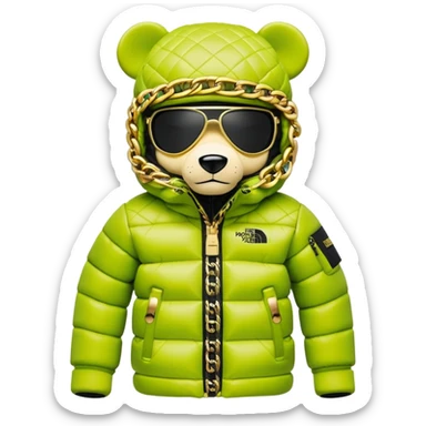 perfectly crafted bearbrick with authentic geometric shape, premium lime balaclava with professionally integrated dark visor lens, Supreme x North Face collaboration puffer jacket with luxurious fur trim, multiple detailed gold chains, ultimate collector's piece sticker