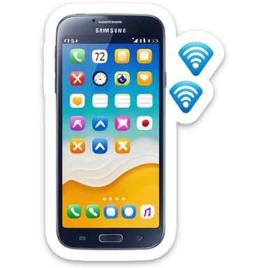 Samsung Galaxy phone with app icons, time, Wi-Fi sticker