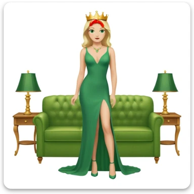 Queen, crown, blonde hair, green eyes, long green tight dress, decoltee,  Leg slit, whole Body, Background living room  sticker