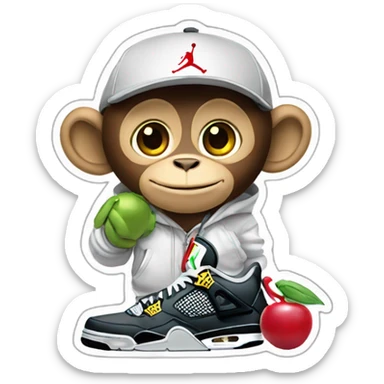 Monkey wearing Jordan 4 on its  feet with a bunch of Nike clothes sticker