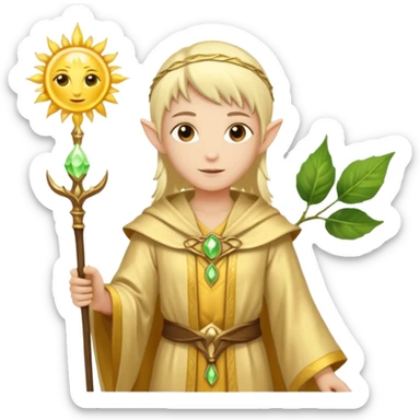 {
      "type": "human",
      "look": "light elf healer, golden robe, staff with leaf and sun",
      "description": "a light elf healer wearing a golden robe and holding a staff with leaf and sun"
    } sticker