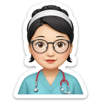 OLD ASIAN WOMAN WITH GLASSES, NURSE SCRUBS, HAIR BUN, BLACK HAIR, CHUBBY sticker