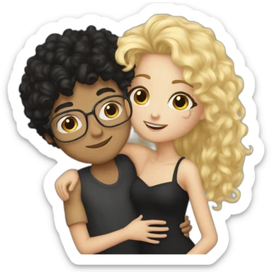 Boy curly blonde hair glasses kissing girl black hair sticker
