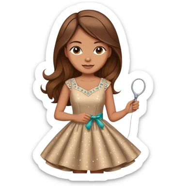 Woman with long brown hair sewing a cute dress with sparkles around her in the background elegant  sticker