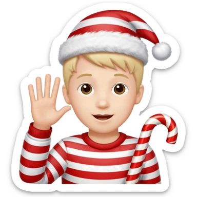 A boy waving a candy cane happily, sticker