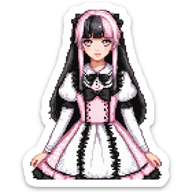 pale girl with straight long black and baby pink swirled hair with bangs, grey eyes, doll-like makeup, wearing a light pink lolita hime gyaru dress, pixel art style sticker