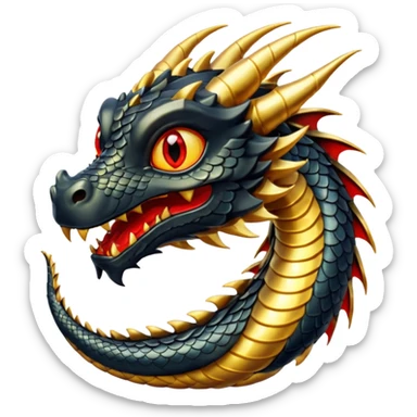 The image depicts a dragon resembling the dragon symbol from ancient Japanese mythology, combining the colors gold and black. It is bright and shiny, with clear colors, and the background of the image is transparent. The dragon embodies these colors, has red eyes, and is complete. sticker