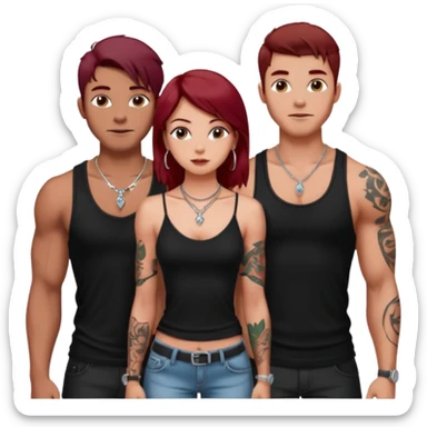 a pretty bratz fair girl with dark red straight hair, black cami top, silver dainty necklaces, rings, hoops, tattoos standing with two handsome lean but muscled guys sticker
