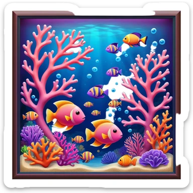 Cinematic Realistic Coral Reef Emoji in a wooden frame, Vibrant and alive, with colorful corals in hues of pink, purple, and orange, swaying gently with the underwater currents. Schools of tropical fish dart between the coral, with soft rays of sunlight piercing through the clear blue water above, creating a magical, serene underwater world. Soft glowing outline, capturing the essence of the bustling, colorful, and peaceful aquatic paradise. sticker