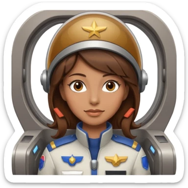 woman with brown hair and brown eyes.  space ship captain sticker