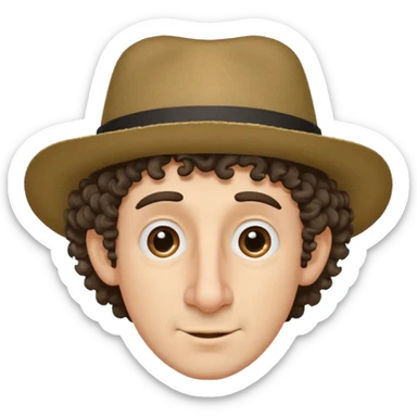 a guy with a huge nose short stringy curly hair and a small hat sticker