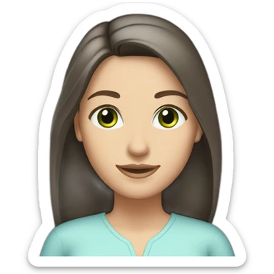 Caucasian woman, long straight dark brown hair, green eyes, wearing a light blue blouse, slight smile sticker