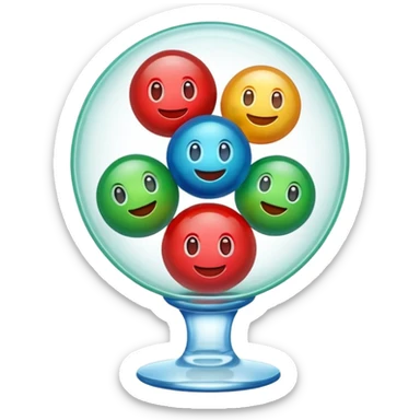 Cute 3D cartoon emoji style sticker of a 3 glass and ball game, glossy plastic texture, soft lighting, smooth shadows, playful expression, high detail, white outline sticker, transparent background (glass color green, red, & blue) sticker