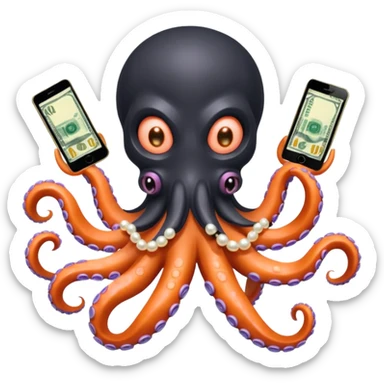 Intimidating octopus with pearl black skin, neon peach colored suction cups. Violent looking octopus is wearing a white balaclava and thick shiny gold necklace. 2 tentacles are holding their own cellphone, 2 more tentacles are holding stacks of money. sticker