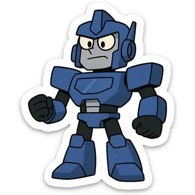 simple cartoon transformer robot in royal blue, black, silver, animated look sticker