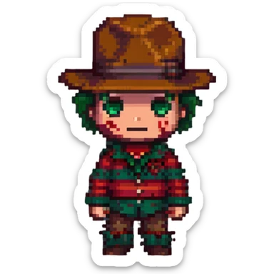 Freddy Krueger in pixel art style, chibi proportions, bright colors sticker