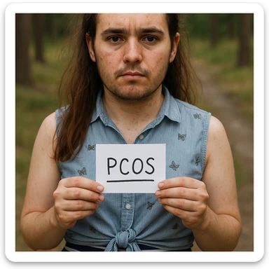 Realistic woman with PCOS inspired by the reference photo, face with acne and facial hair, thin hair, serious expression, similar clothing, natural environment, hyperrealistic 4K details. sticker