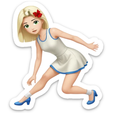 prince, black hair, blue eyes, garment, woman, blonde hair, green eyes, bending knee, sleveless white dress, sticker