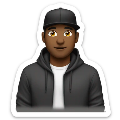 Un chico con sudadera negra, cabello largo y gorra negra sticker