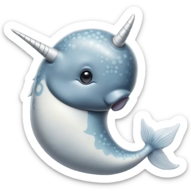 Cinematic Noble Narwhal Portrait Emoji, Poised and majestic, with a robust, streamlined body draped in mottled, silvery-gray skin, featuring a long, spiraled, ivory tusk and deep, thoughtful eyes that exude ancient oceanic wisdom, Simplified yet sharp and sophisticated features, highly detailed, glowing with a soft, ethereal arctic glow, high shine, intelligent and enigmatic, stylized with an air of mythical marine grandeur, focused and graceful, soft glowing outline, capturing the essence of a watchful and confident sea unicorn that appears ready to glide out of the screen with timeless authority! sticker