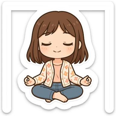 chibi sticker of a girl with brown straight hair and brown eyes, wearing a pastel floral cardigan and jeans, doing yoga in lotus pose, white outline, transparent background, 512x512px sticker