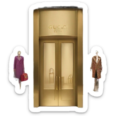 “Gucci store exterior with gold logo above entrance, large glass windows displaying luxury fashion, and elegant double doors.” sticker