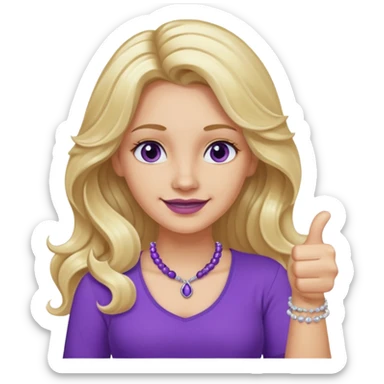 lady with long wavy blonde hair, purple top, коричневыми eyes, thumbs up, с бусами белые и серебром на шее sticker