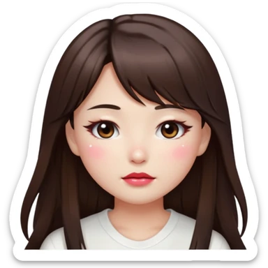 “japanese style Emoji brunette girl long hair with side bangs white top, dewy skin, heavy blush across cheeks and nose bridge, glossy cherry lips, soft eyeliner, teary sparkling eyes sticker