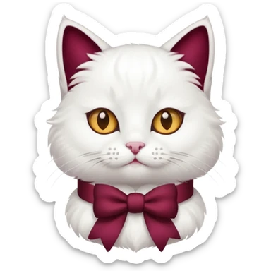 A white cat with a burgundy bow around his neck sticker