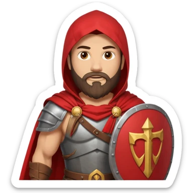 An emoji portrait of a Spartan warrior. He has a determined expression and a beard. He wears a red cloak and holds a shield with a lambda symbol. sticker