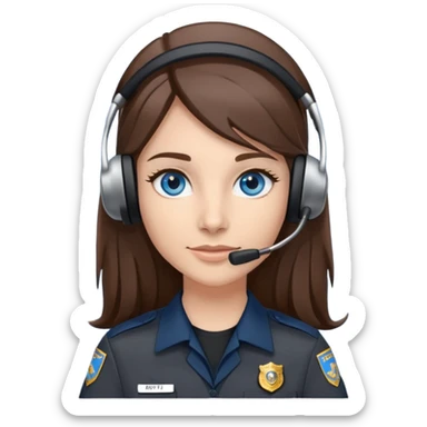 911 dispatcher dark gray uniform, blue eyes, long brown hair, head set sticker