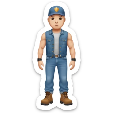 Full body muscle bound bald man in a trucker hat and denim jeans with work boots sticker
