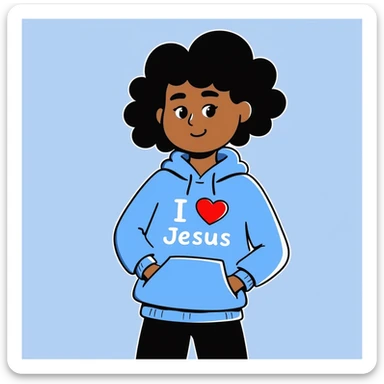 dark skin girl with dark brown short curly hair, blue hoodie, 'I heart Jesus' text visible sticker
