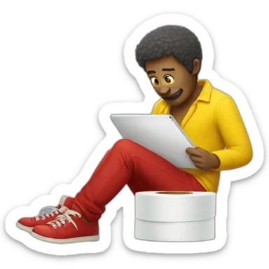 yellow man wearing red shoes with toilet paper and an ipad sticker