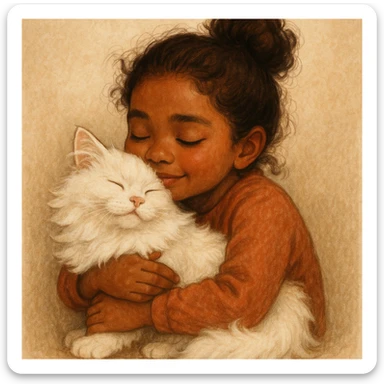 brown girl snuggling fluffy white cat, style 7 sticker