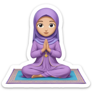 Turkish beautiful finish Konya muslim girl blue eyes with light purple color flower hijab long tail dress and sits on the pray mat namaz on the ground with dua  sticker