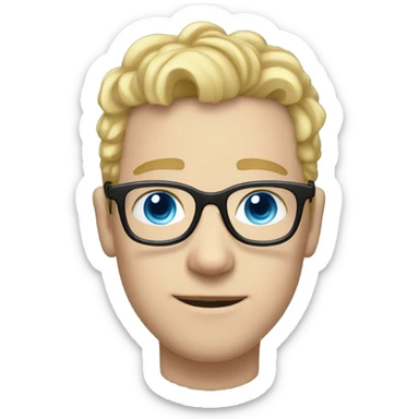 Man with short curly blonde hair and light blue eyes and pale skin and thick black glasses sticker