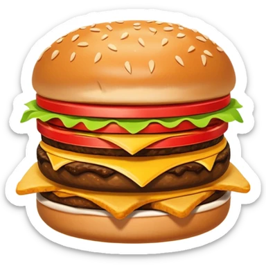 A clean and simple icon of fast food in emoji-style illustration. A burger with fries, nuggets and shawarma, bright and bold colors, simple shapes, flat design, high contrast, inviting and appetizing. sticker