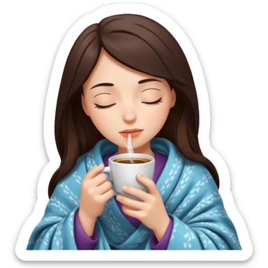 brunette girl under a blanket, drinking coffee, eyes closed sticker