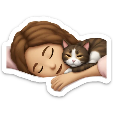 sleeping girl brown hair laying next to Calico cat sticker