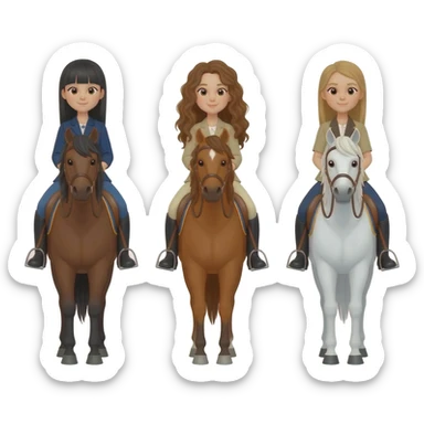 Three horses white bay and sorrel with three riders on the bay horse a girl with dark straight hair on the sorrel horse a girl with wavy brown hair and on the white horse a girl with sandy hair sticker