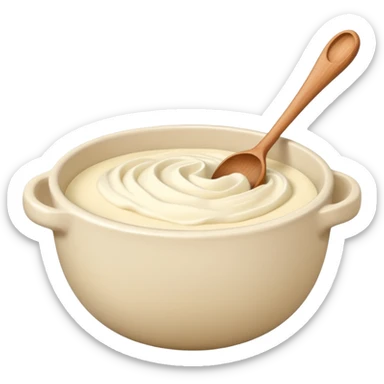 a cream ceramic mixing bowl with a wooden spoon stirring sticker