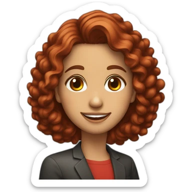profesora con pelo rizado pelirrojo, sonriente y ojos marrones verdosos sticker