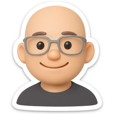 Create a 3D emoji-style portrait of the person in the foreground wearing glasses and a grey sweater, with a friendly expression. Focus on the face and upper shoulders. The style should resemble Microsoft 3D Fluent emoji. Transparent background. sticker