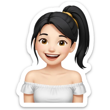 Cewe Ceria Kulit putih cerah, rambut hitam dikuncir dewasa Pakai off shoulder putih. Lagi ketawa lepas sticker