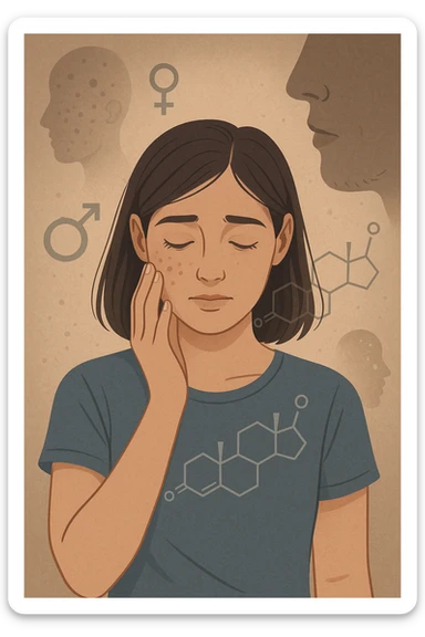 A young woman is surrounded by faint overlays of hormonal symbols and androgen molecules, with shadowy images of acne, facial hair, and oily skin projected around her, symbolizing the symptoms of PCOS with androgen excess. She looks down, gently touching her face with a resigned but hopeful expression, symbolizing her journey toward managing these symptoms. in italiano sticker