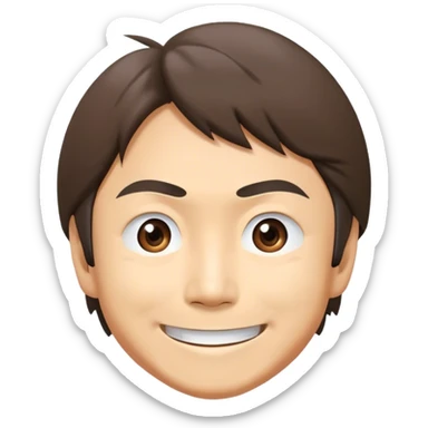 ​Cinematic Realistic Portrait of a Smiling Shigeru Miyamoto, depicted with warm, approachable features, showing a giant smile with expressive eyes, set against a subtle backdrop, inviting lighting that captures his innovative spirit sticker
