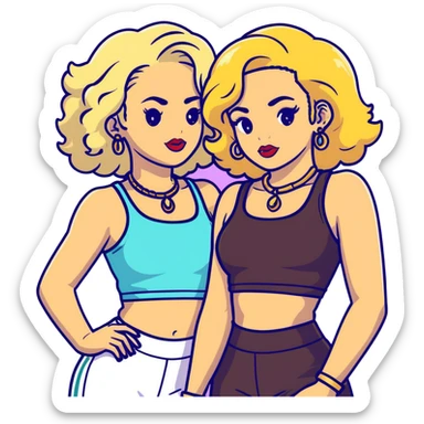 Two teenage girls together, one white with straight blonde hair and one brown-skinned with curly dark hair, both with heavy makeup, big lips, crop tops, gold jewelry and flashy choni style outfits sticker