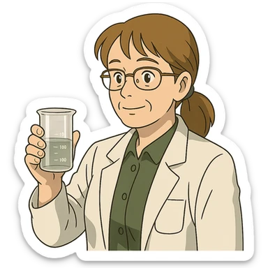 middle-aged science teacher, light brown hair in ponytail with bangs, brown eyes, holding a beaker sticker