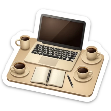 Laptop on the rectangular beige table, coffee and notebook sticker